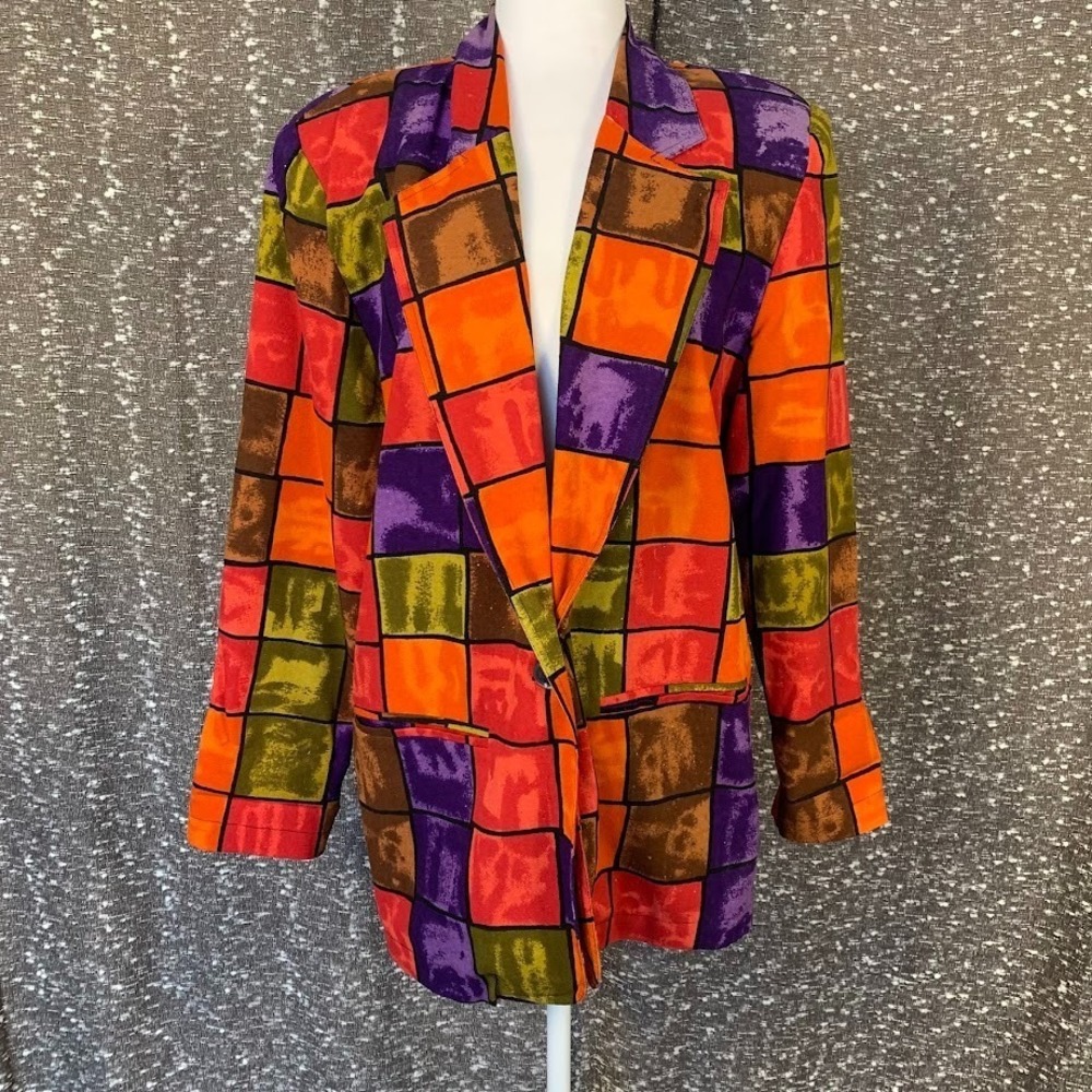 Vintage Options Melrose Patchwork Pattern Colorful‎ Silk Blazer Women's 8